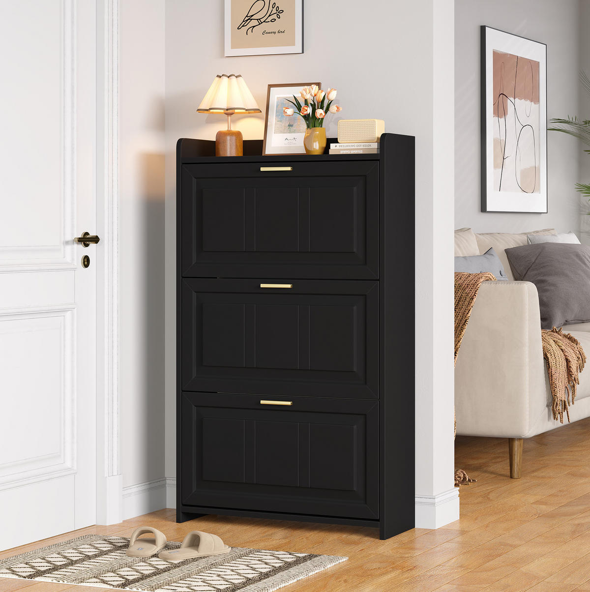 SCHUHSCHRANK 70/24/120 cm mit Klapptüren und Schublade, 6 Fächer, Schwarz - Schwarz, Holzwerkstoff (70/120/24cm) - Redom