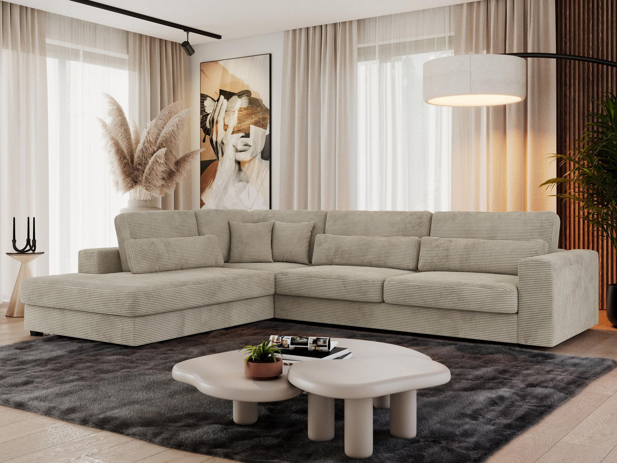 ECKSOFA Savona Hellgrau Cord - links - Hellgrau/Schwarz, Kunststoff/Textil (316/249cm) - MKS
