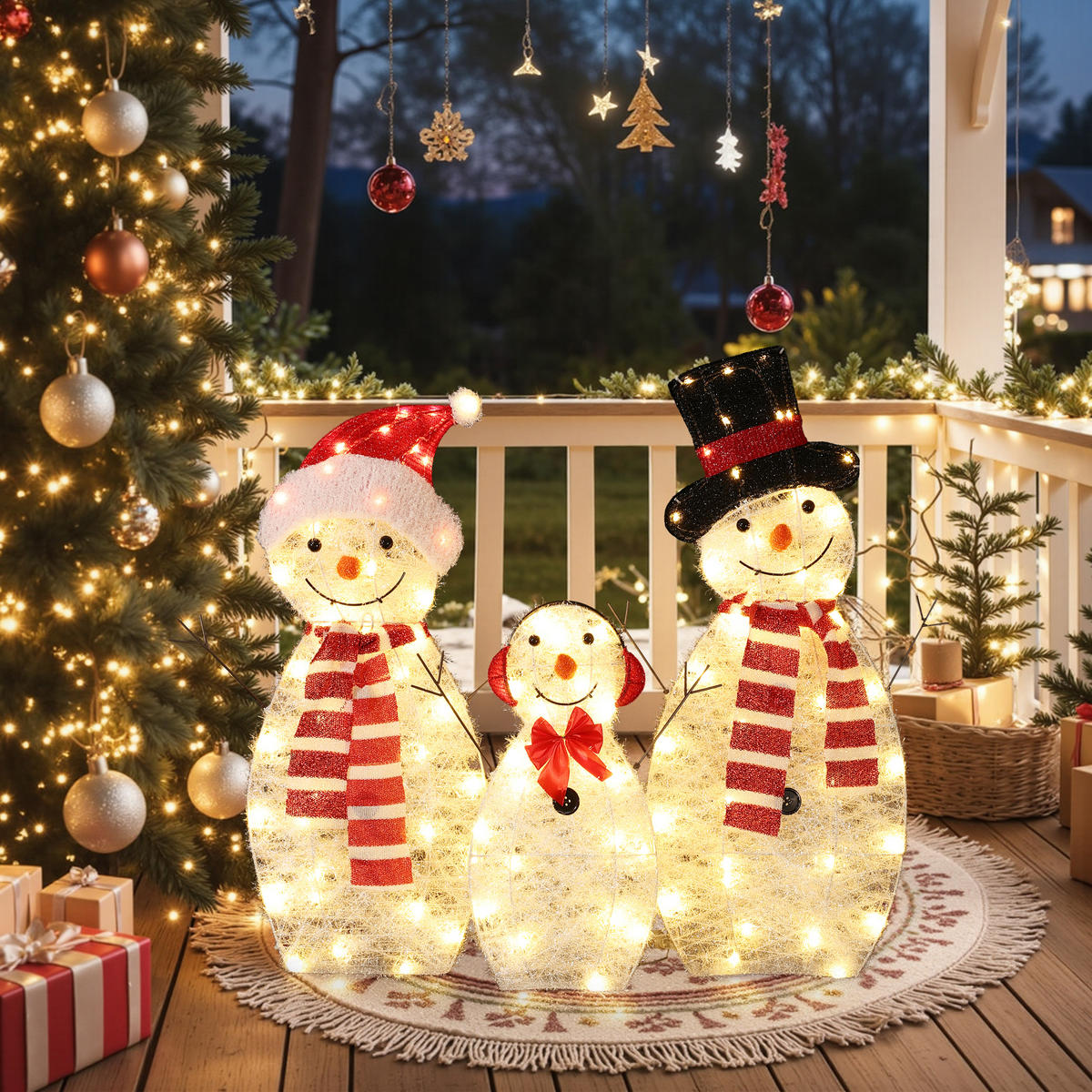 LED-SCHNEEMANN-FAMILIE (3er-Set), IP44 für Innen/Außen | Warmweiß - Weiß, Textil (159/79/20cm) - Hometopia