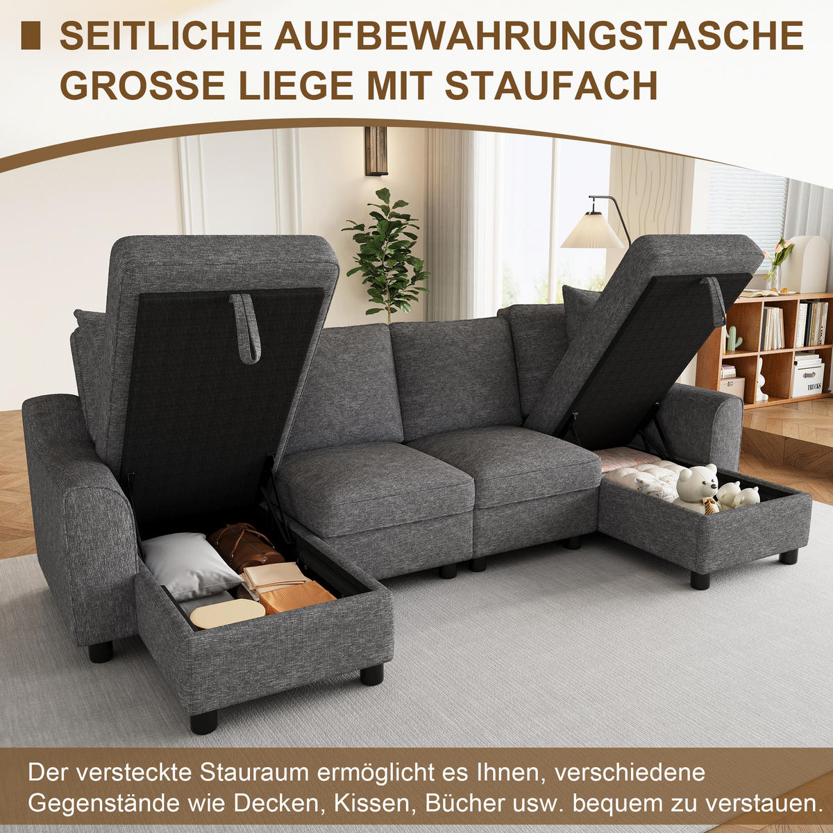 WOHNLANDSCHAFT Chenille Grau mit Stauraum und mit Kissen - Grau, Holzwerkstoff/Kunststoff (280/84/173cm) - WISHDOR
