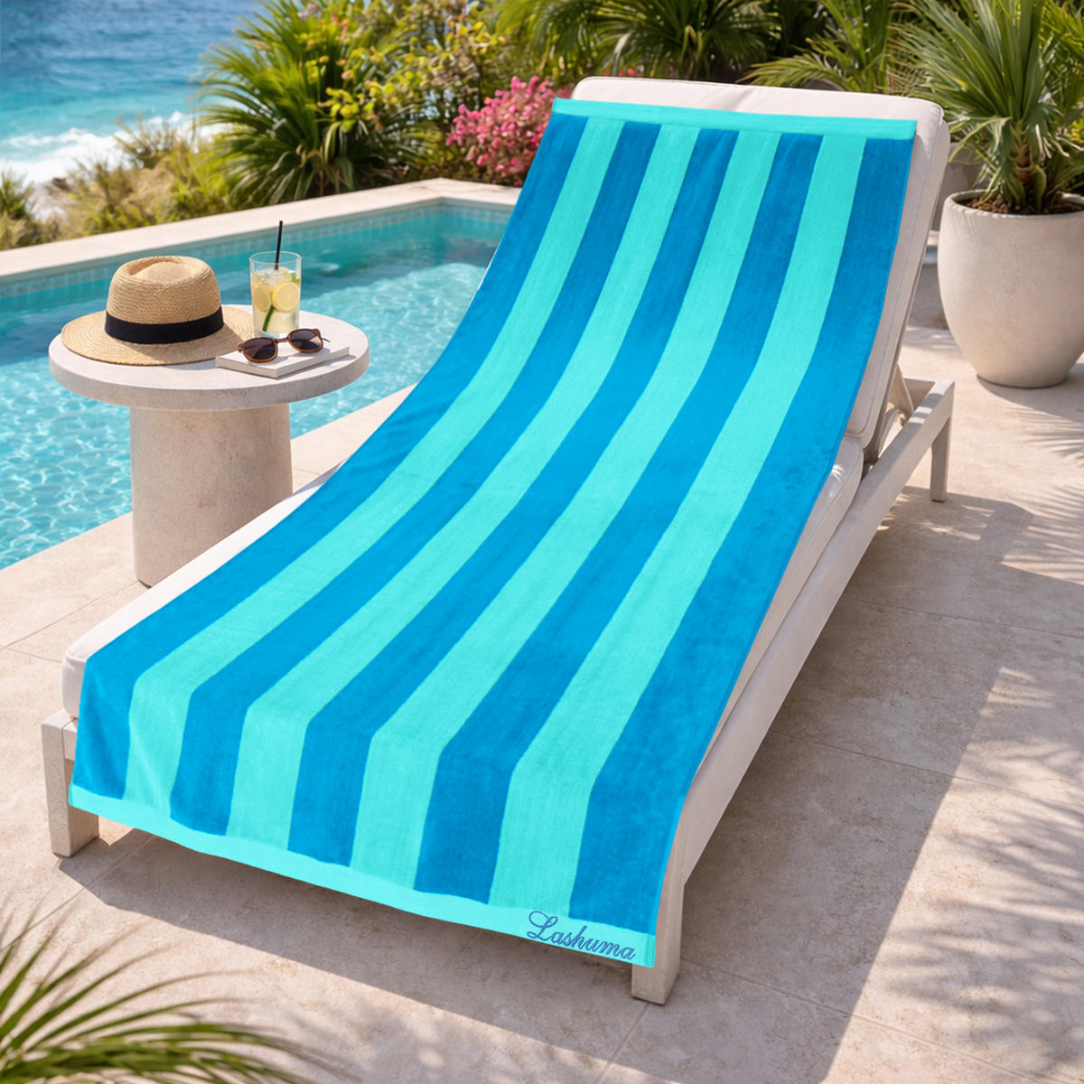 STRANDTUCH Riviera Frottee Velours 90x180 cm 480g/m² - Türkis/Blau, Naturmaterialien (90/180cm) - Lashuma