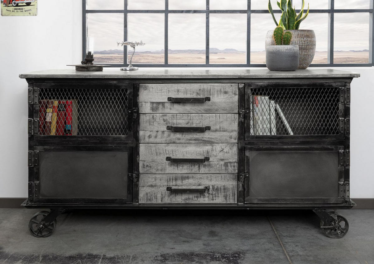 SIDEBOARD Mango 153x40x80 grau lackiert HEAVY INDUSTRY #153 - Grau, Holz (153/80/40cm) - Massivmoebel24
