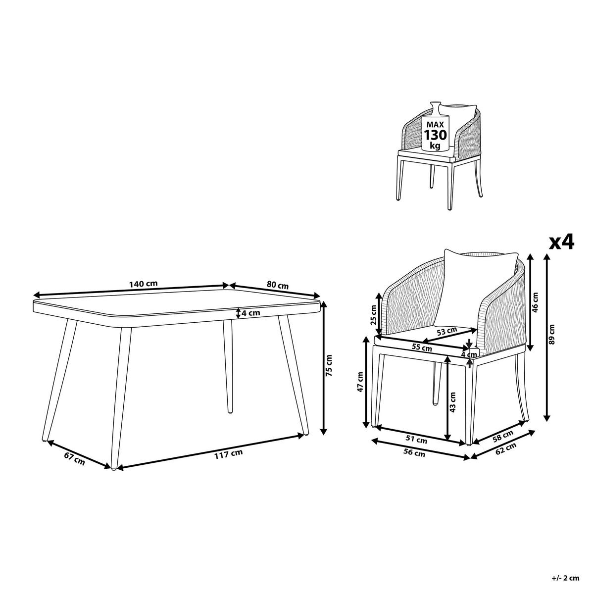 GARTENMÖBEL-SET 4-Sitzer Aluminium/Flechtseil grau Lipari - Grau, Metall - Beliani