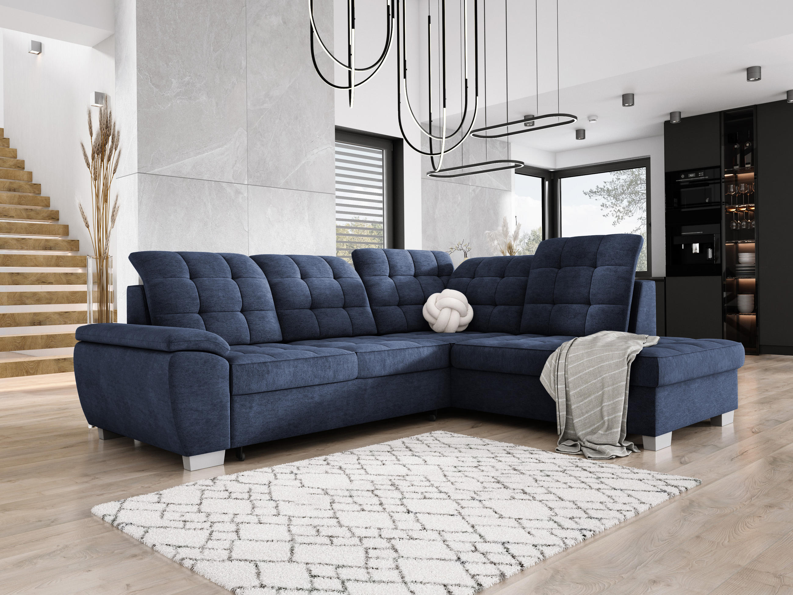 ECKSOFA LOTTA L-förmig Bettkasten verstellbare Kopfstützen hochwertige Verarbeitung lose Rückenkissen freistehend RECHTS 258x212x106 cm Blue - Blau, Holz/Textil (258/212cm) - DomoHome