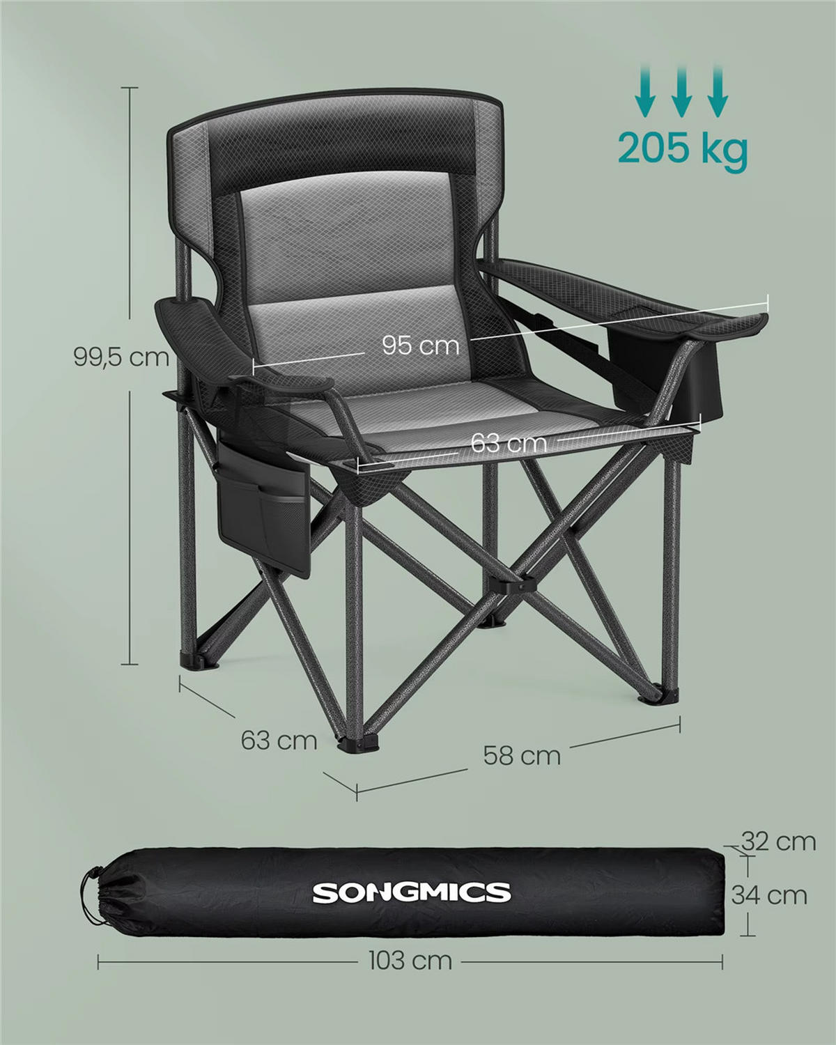 CAMPINGSTUHL Klappstuhl mit Getränkehalter 205 kg - Schwarz, Metall (58/99.5/63cm) - Coonoor