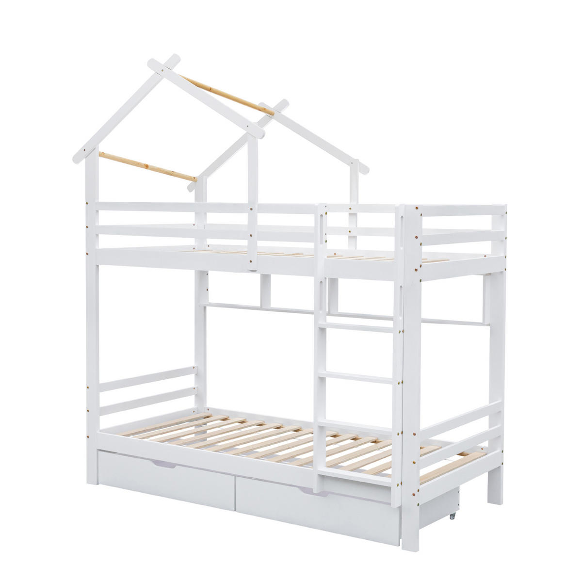 ETAGENBETT 90/200 cm mit Schubladen, Regalen, rechtwinkliger Leiter und Kiefernholzrahmen, Weiß - Weiß, Holzwerkstoff (90/200cm) - Redom
