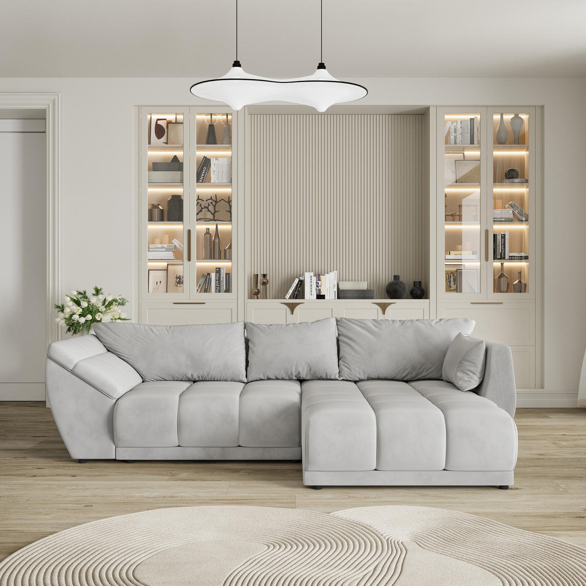 ROHOVÁ SEDAČKA ORENTI světle šedá - černá/světle šedá, dřevo/textil (287/182cm) - MASSENO