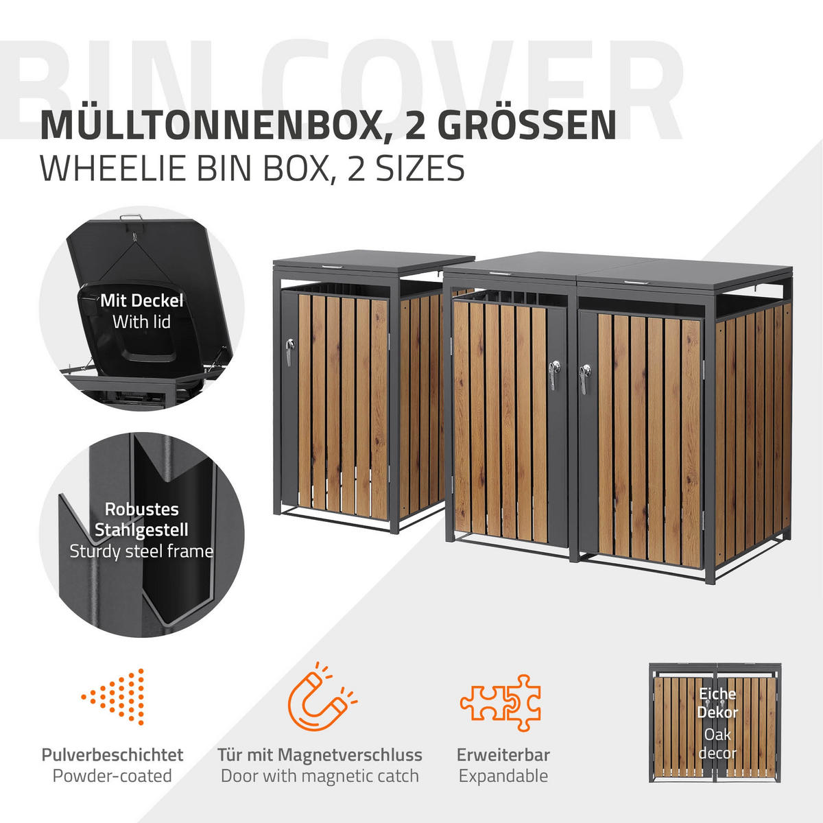 MÜLLTONNENBOX 3er Anthrazit-Holzoptik - Graubraun, Metall (200/120/80cm) - ML-DESIGN