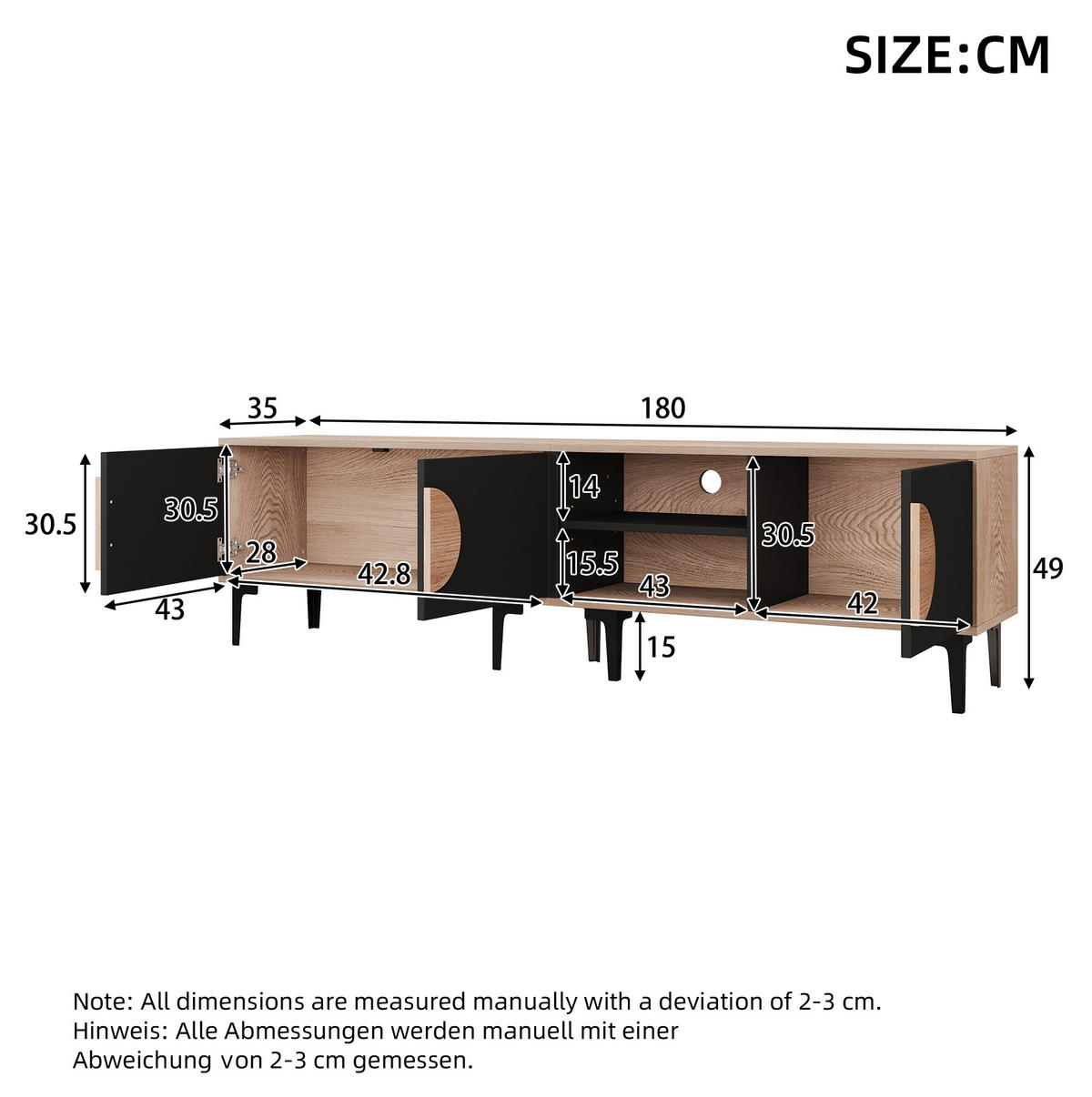 TV stolek 180/35/49 cm s otevřenými policemi a 3 skříňkami, stabilní konstrukce, Dub/černá - černá, kompozitní dřevo (180/49/35cm) - Redom