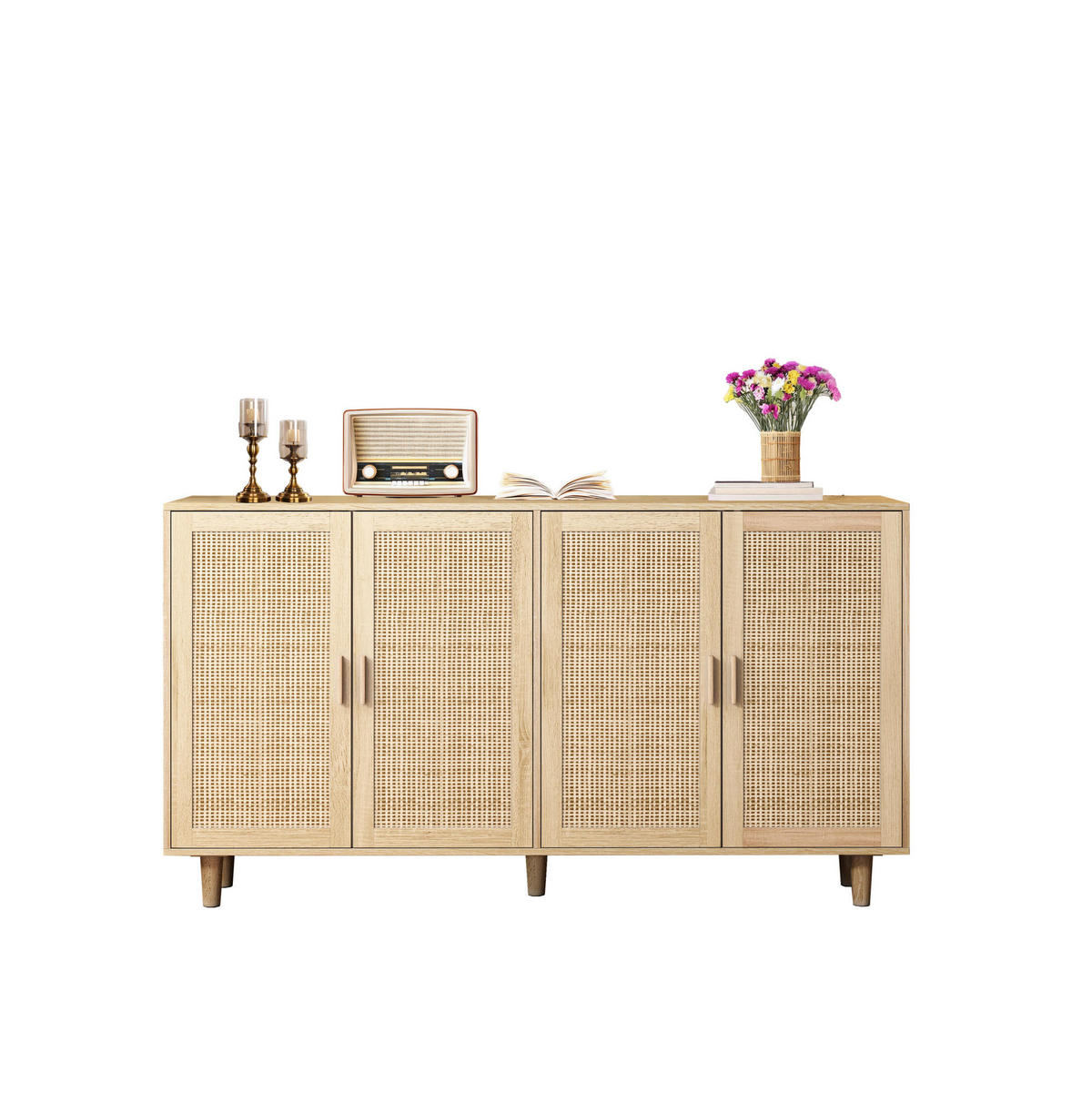 SIDEBOARD 158/40/88 cm in Natur mit 4 Rattantüren und verstellbarem Einlegeboden - Naturfarben, Holzwerkstoff (158/88/40cm) - Flora Grace