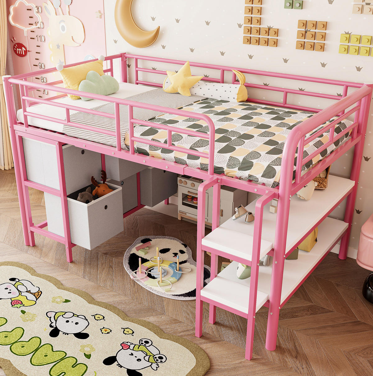 HOCHBETT 90/200 cm in Rosa mit Stauraum und breiten Stufen - Rosa, Metall (90/200cm) - BEAOK