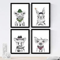 POSTER Set mit 4 „Tieren mit Rosa und Grün Accessoires A4 Schwarzer Rahmen - Schwarz, Papier (29.7/3cm) - Nacnic