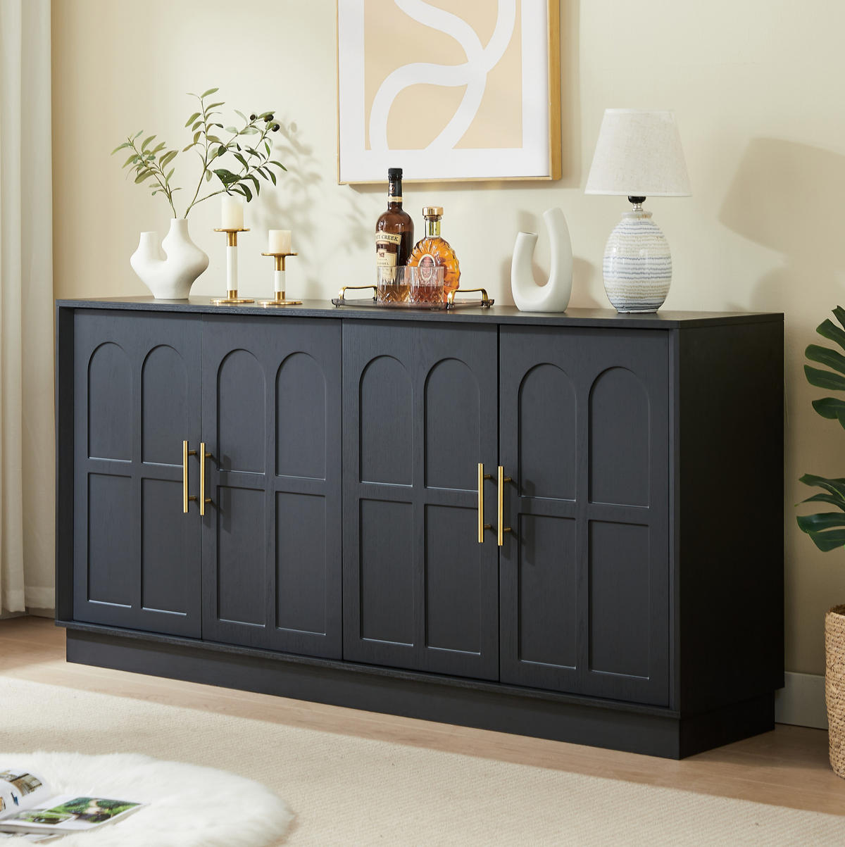 SIDEBOARD 169/40/80 cm in Schwarz mit geschwungener Front und viel Stauraum - Schwarz, Holzwerkstoff (169/80/40cm) - BEAOK