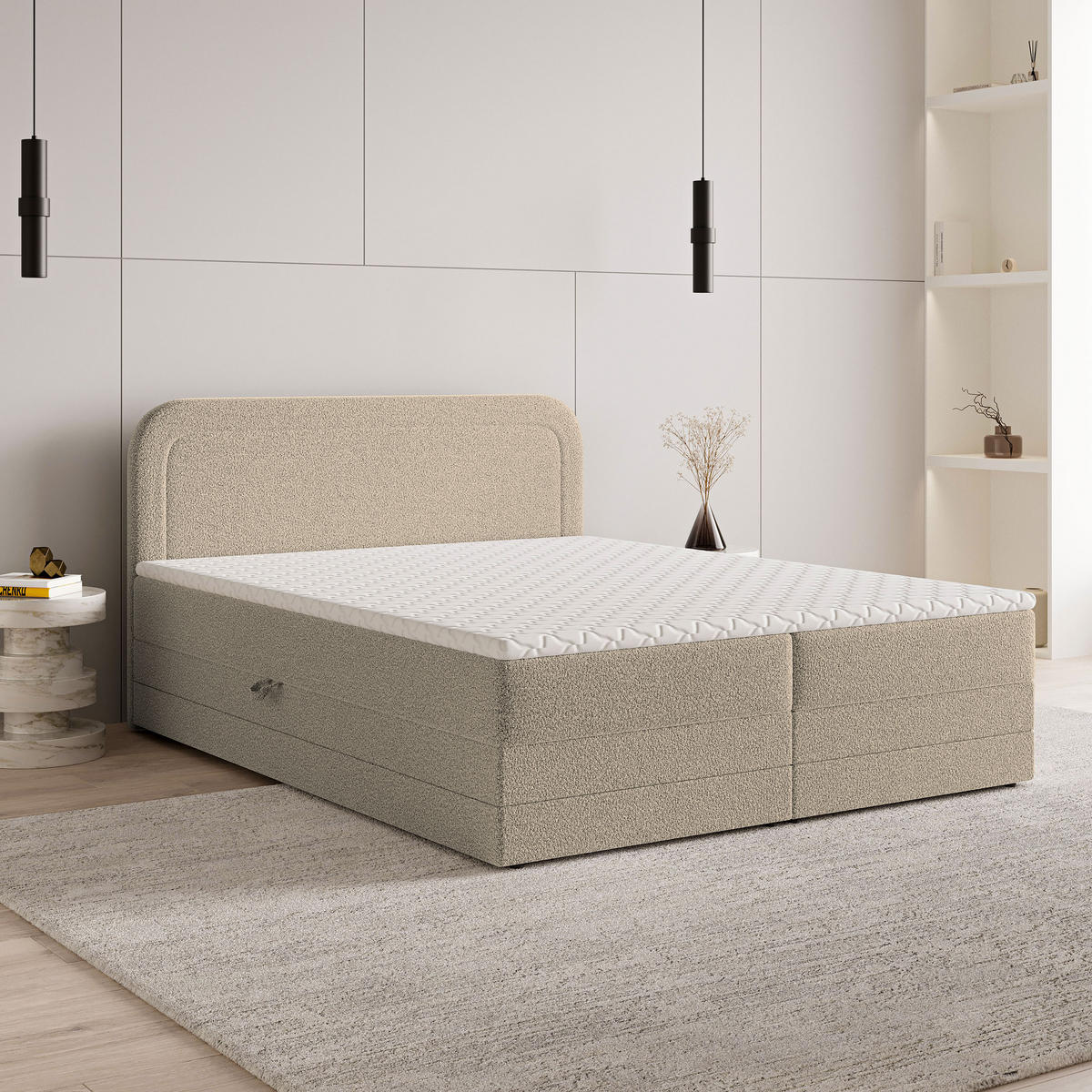 BOXBETT ARMEL 140x200 cm mit Matratze und Topper - Beige - Beige, Holz (140/200cm) - MASSENO