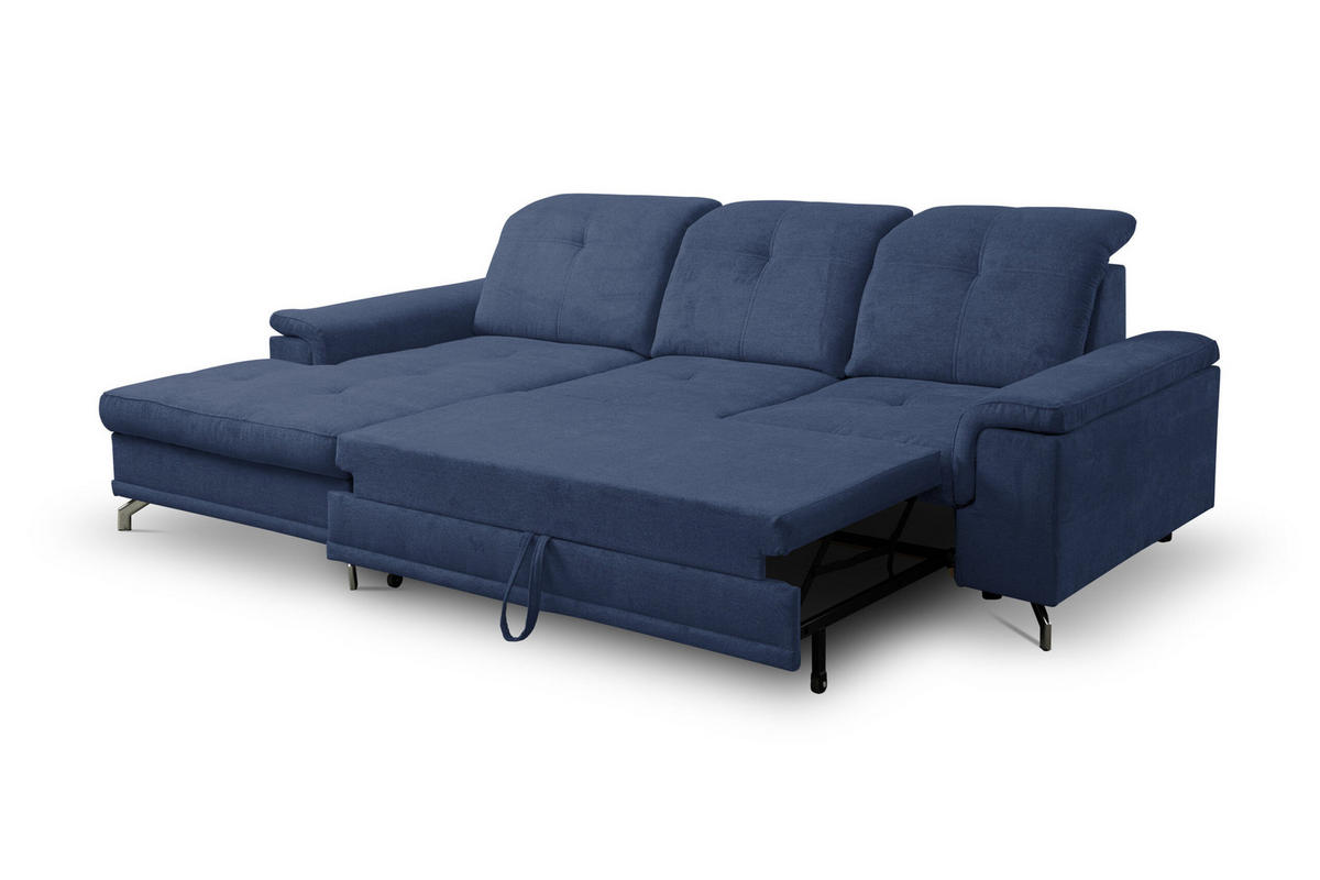 ECKSOFA PANAMA mit Schlaffunktion und Bettkasten, Farbe: Dunkelblau, Velourstoff, Ottomane Links - Dunkelblau, Textil (270/180cm) - VENASI MÖBEL