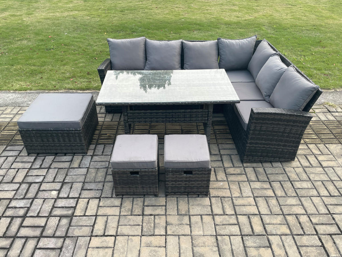 LOUNGEGARNITUR mit Esstisch Sofa Polyrattan Dunkelgrau 9-Sitzer - Dunkelgrau/Grau, Glas/Kunststoff - Fimous