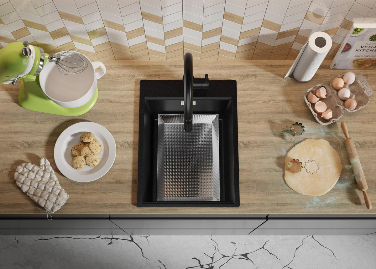 SPÜLBECKEN Oslo, 2-er set Alles Schwarz 38/50 cm 1 Becken + Ablauf-Set + Schneidebrett ab 40er Unterschrank - Beige/Schwarz, Kunststoff (38/20/50cm) - Primagran