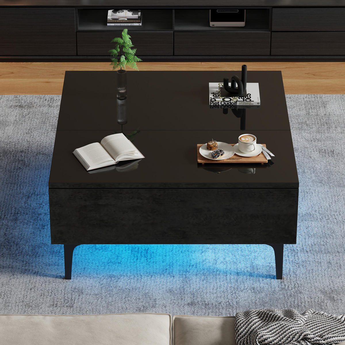 COUCHTISCH 70x70cm Schwarz Höhenverstellbar LED Hochglanz Versteckter Stauraum - Schwarz, Holz (92.08/50.8/17.15cm) - FLIEKS