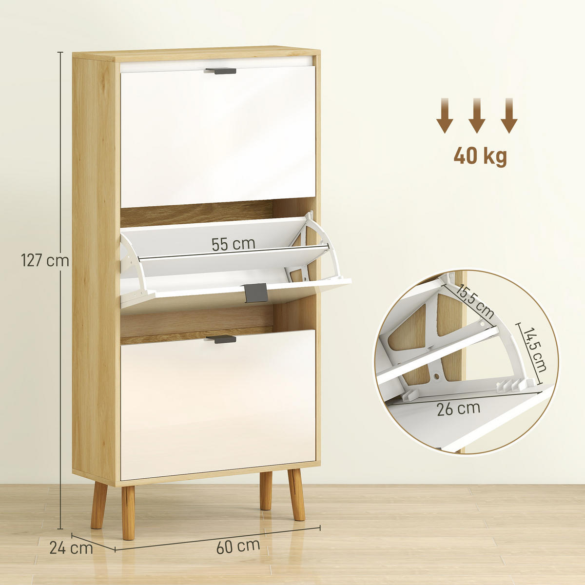 SCHUHSCHRANK, schmaler Schuhschrank, 3 Klappschubladen, Hochglanztür, 60 x 24 x 127 cm, weiß - Weiß, Holzwerkstoff (60/127/24cm) - HOMCOM