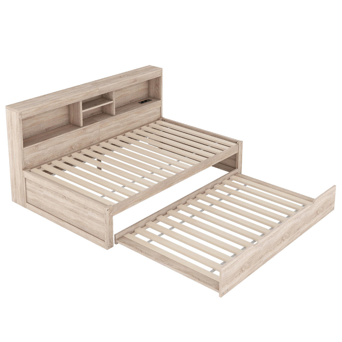 TAGESBETT aus Spanplatte und MDF 90x200 cm Natur mit Ausziehbett, Ambientebeleuchtung und USB-Anschluss - Naturfarben, Holzwerkstoff (90/200cm) - IVMEU