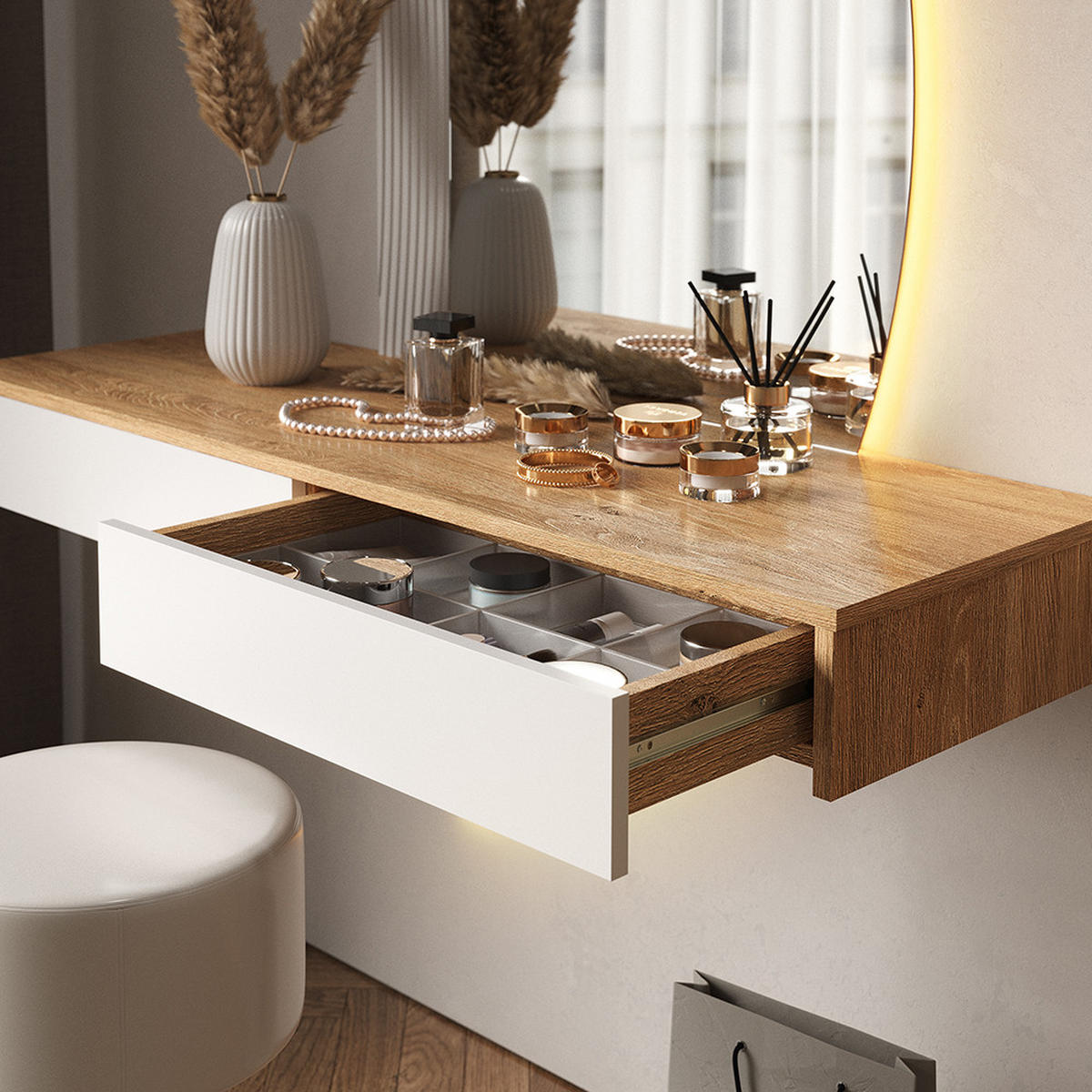 SCHMINKTISCH Melisa Weiß 120 cm mit LED Beleuchtung und Hocker - Eichefarben/Weiß, Holzwerkstoff (120/161.1/40cm) - Vicco