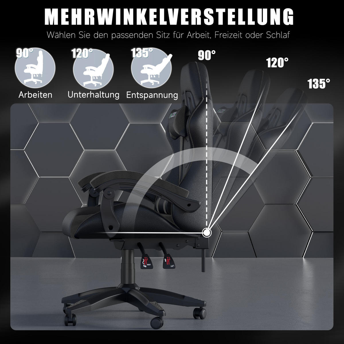 GAMINGSTUHL Schwarz ergonomisch - Schwarz, Leder (29/59/79cm) - Rattrix