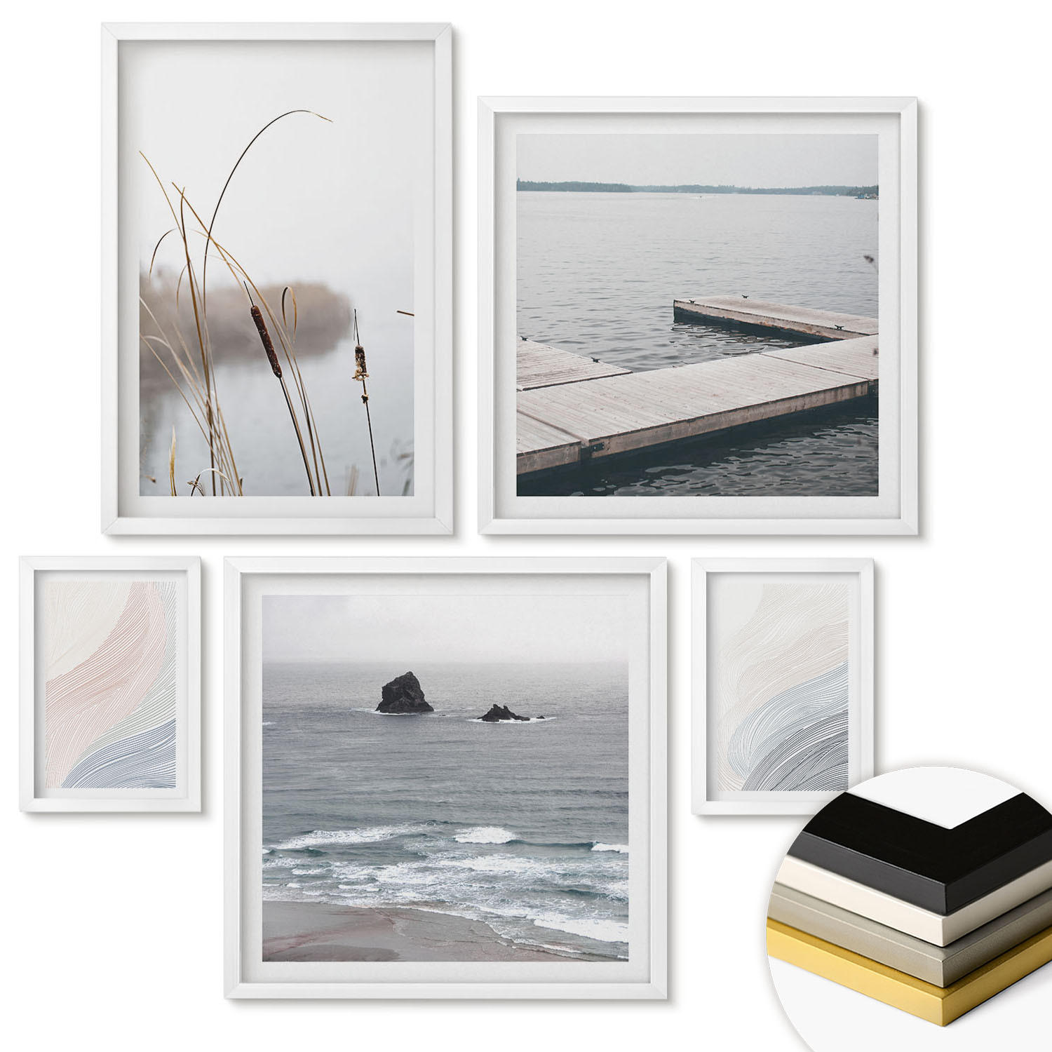 WANDBILDER 5er-Set - 50x50 cm & 20x30 cm & 40x60 cm Weißer Rahmen - Abstrakte Pastellwellen - Weiß, Kunststoff (40/60cm) - ArtPrintCave