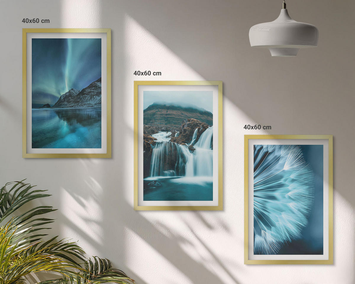 WANDBILDER 3er Set - 40x60 cm Goldrahmen - Winterlandschaften mit Wasserfällen - Goldfarben, Kunststoff (40/60cm) - ArtPrintCave