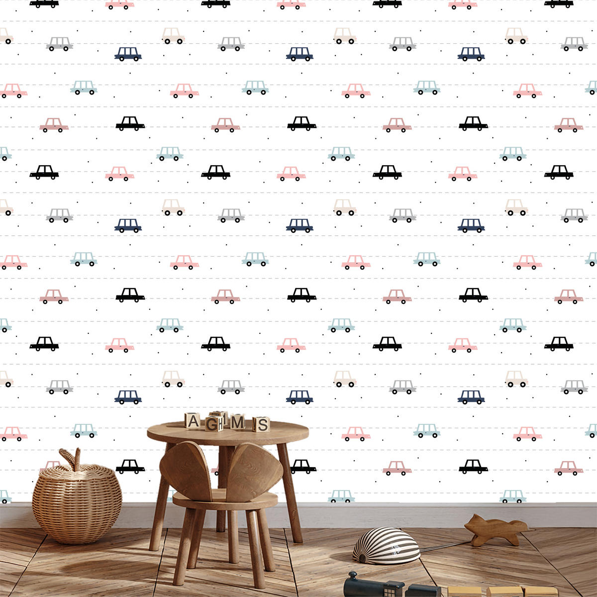 VLIESTAPETE Autos im skandinavischen Stil – Pastellbunt, Weiß – 50x1000 cm - Multicolor/Weiß, Papier (50/1000cm) - Muralo