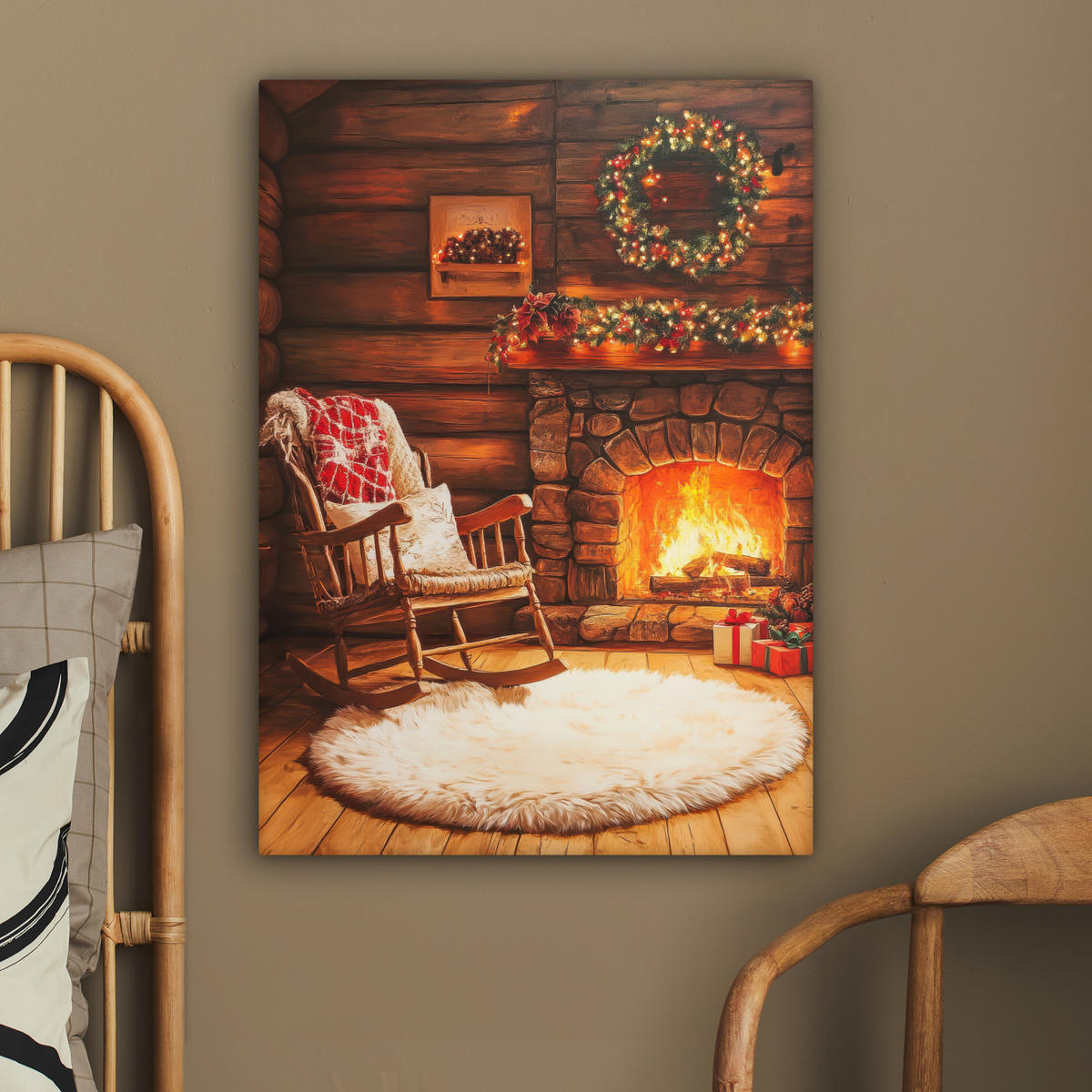 LEINWANDBILD Winter - Weihnachten - Zuhause - Kamin 60x80 cm - Bernsteinfarben, Textil (60/80cm) - MuchoWow