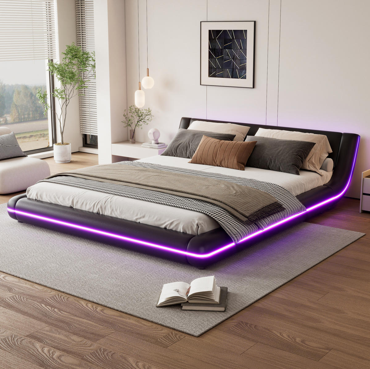 BODENBETT 160/200 cm Schwarz mit LED - Schwarz, Kunststoff (160/200cm) - MIVRAY
