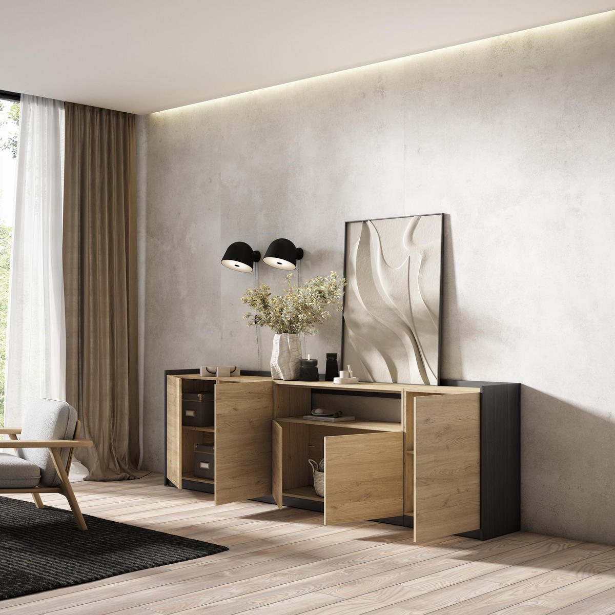 SIDEBOARD, Highboard, Eiche Schwarz, 260/37/80cm - Eichefarben, Holzwerkstoff (260/80/37cm) - Skraut Home