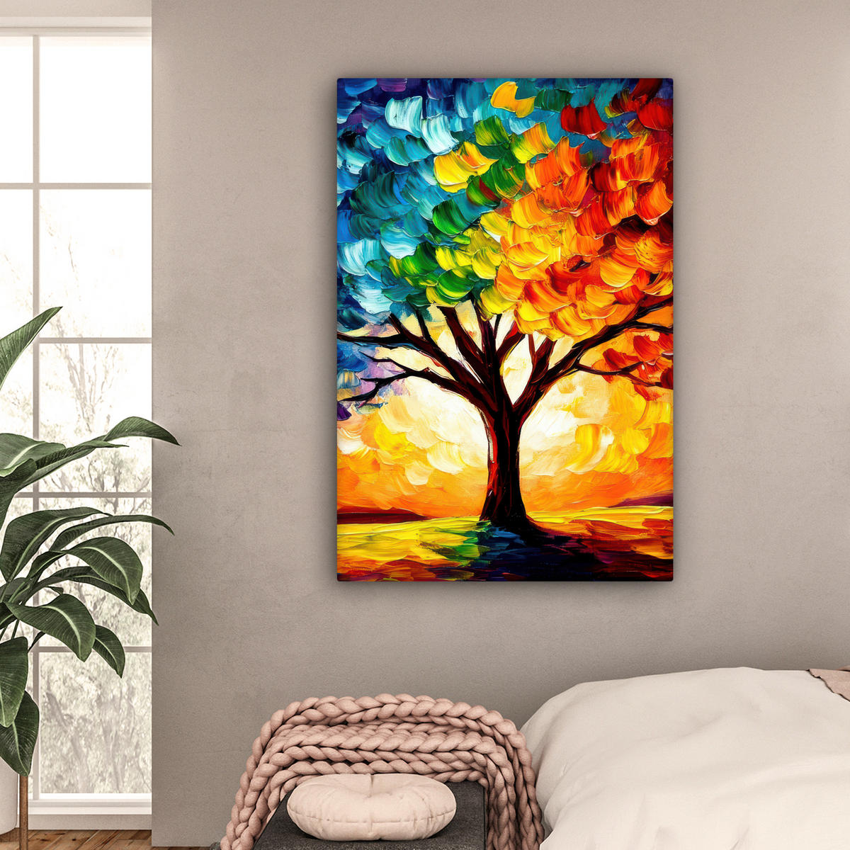 LEINWANDBILD - Baum - Kunst - Natur - Sonnenuntergang - 80x120 - Wanddeko - Multicolor, Textil (80/120cm) - MuchoWow