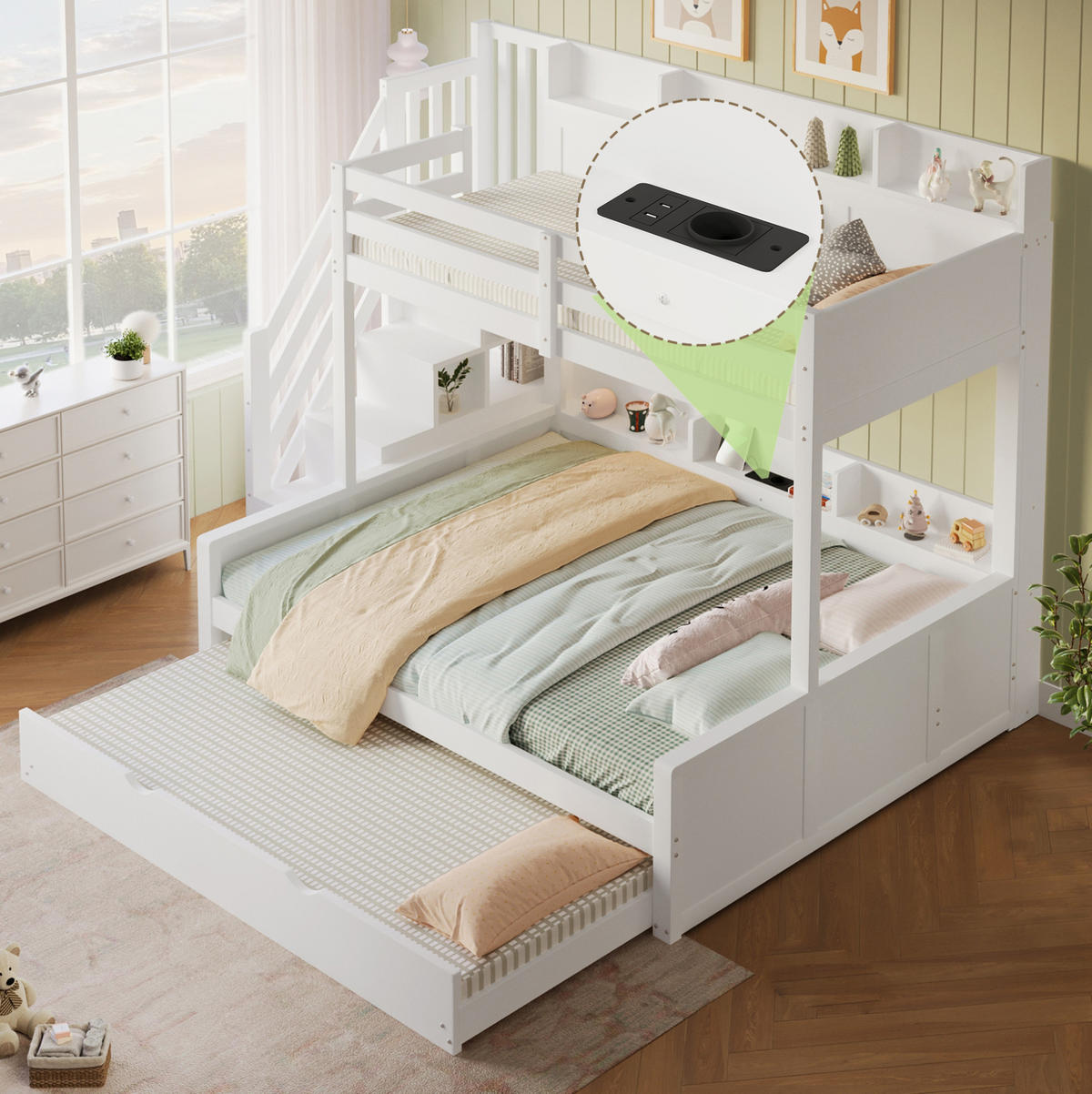 ETAGENBETT aus MDF und Kiefernholz 90x200/140x200 cm Weiß mit Ausziehbett, Stauraumtreppe und USB-Anschluss - Weiß, Holz (90/200cm) - Modfu