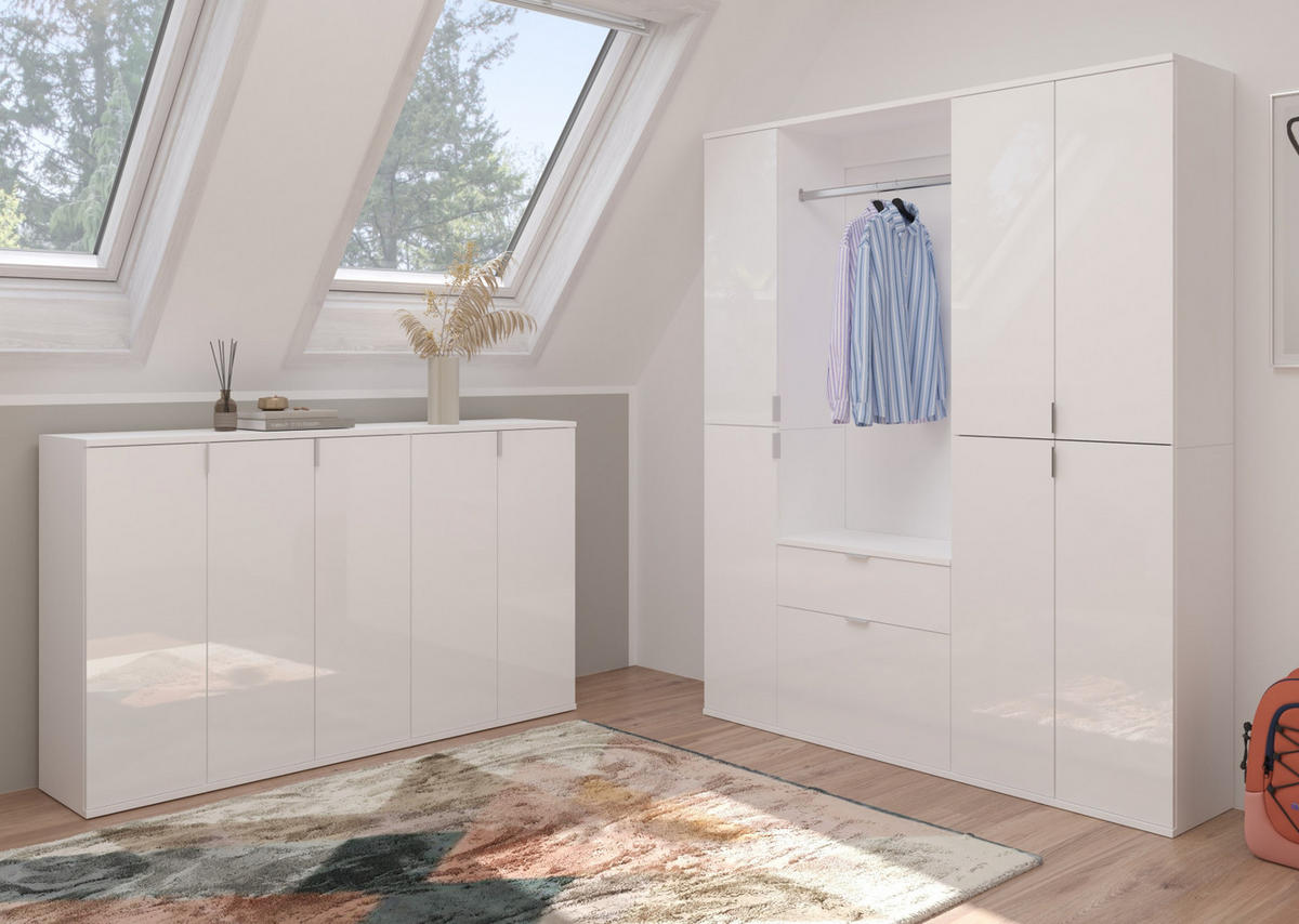 KOMMODE weiß Hochglanz 61 cm 2-türig, Mehrzweckschrank mit 6 Fächern, Garderobenmöbel - Weiß Hochglanz/Silberfarben, Holzwerkstoff/Kunststoff (61/99/34cm) - Inn.Furn