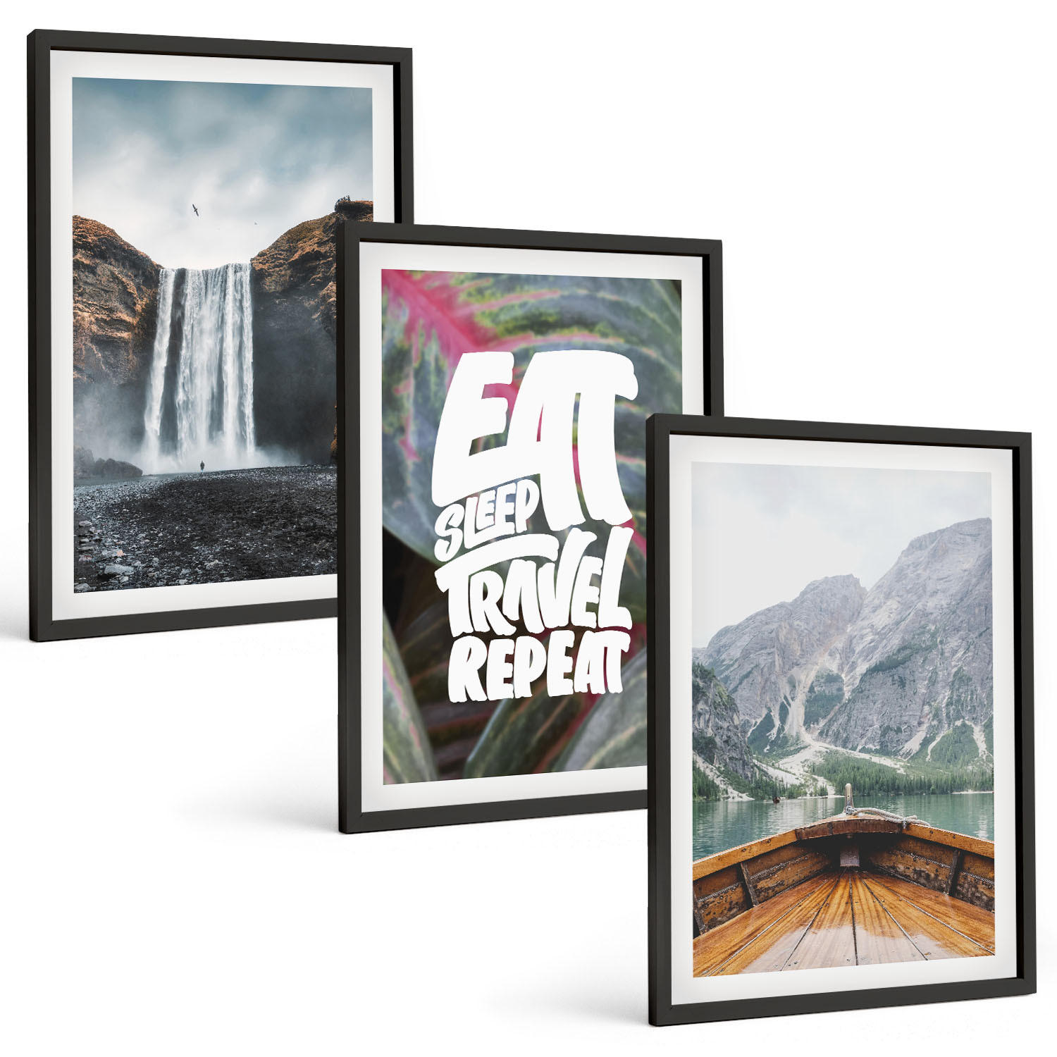 BILDER SET 3er Set - 40x60 cm Schwarzer Rahmen - Wasserfall Berge Natur Boot - Schwarz, Kunststoff (40/60cm) - TULUP