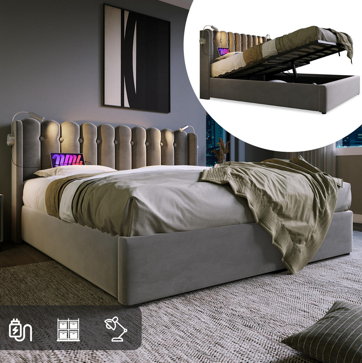 TAPECIRANI krevet 160/200 cm sivi od baršuna s LED lampom, USB priključkom i spremištem - siva, tekstil (160/200cm) - OKWISH