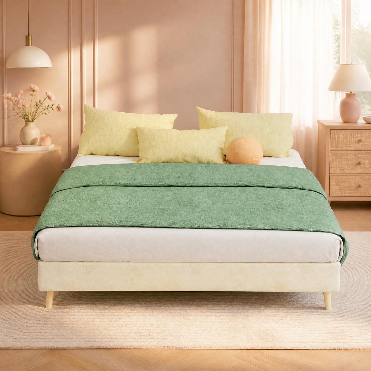 POLSTERBETT 140/200 mit Samtbezug und Massivholzfüßen in Beige - Beige, Holzwerkstoff/Textil (140/200cm) - EVRYAE