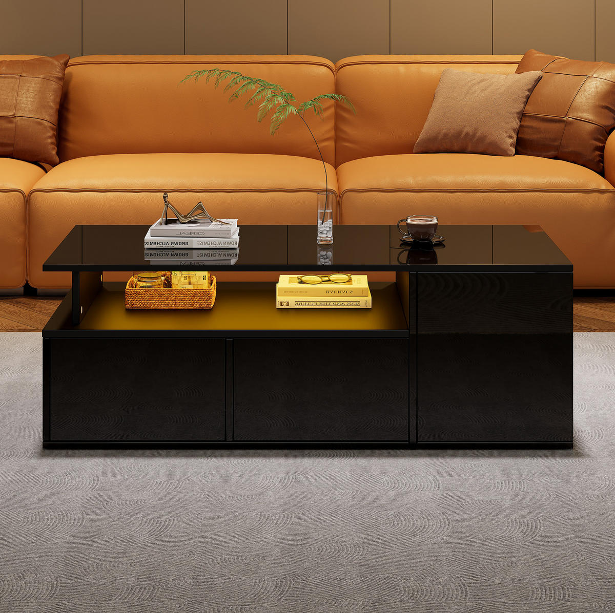 COUCHTISCH 100/50/35 cm in Schwarz mit LED-Beleuchtung und 2 Schubladen - Schwarz, Holzwerkstoff (100/50/35cm) - Flora Grace