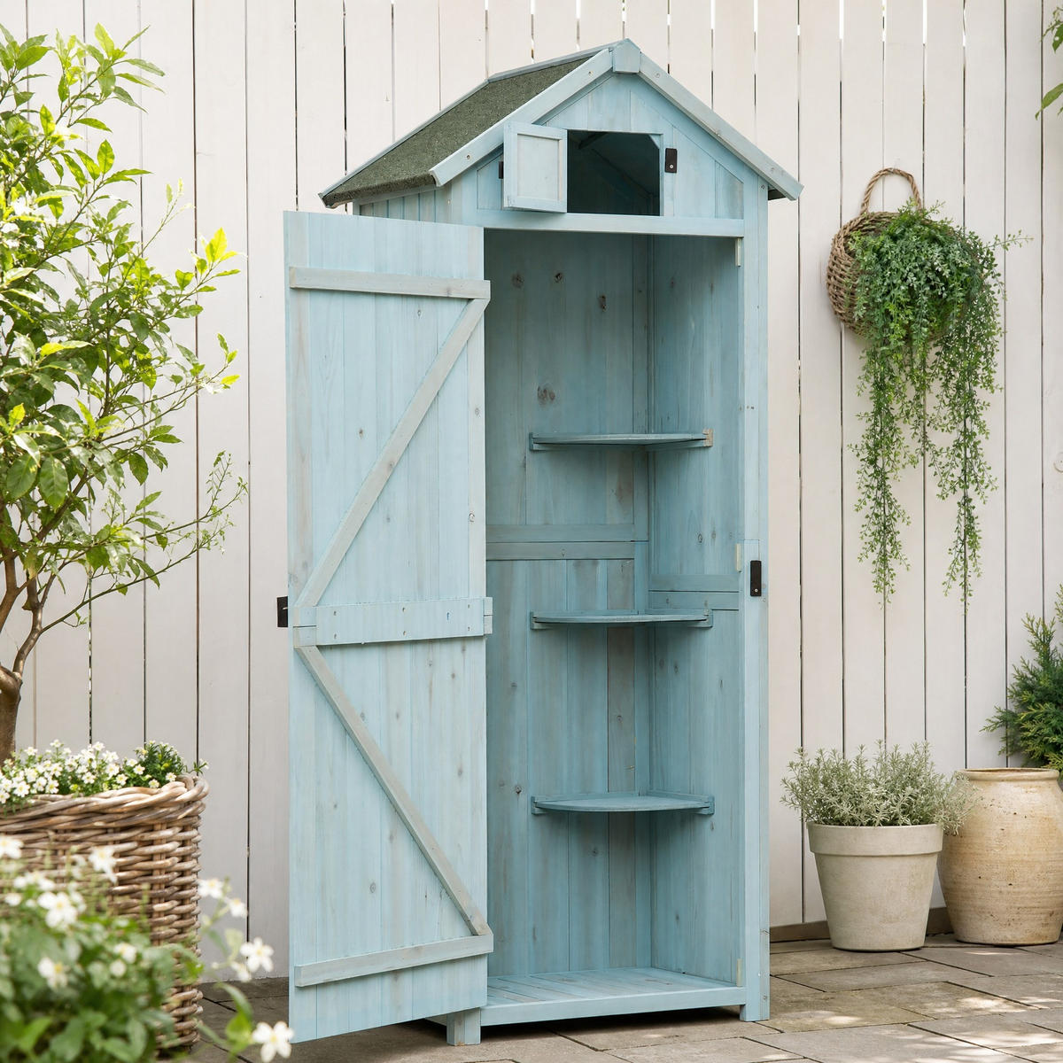 GARTENKOMMODE 77/179/54,2 cm Hellblau aus Holz mit abnehmbaren Regalen - Hellblau, Holz (54.2/179/77cm) - OKMYHOME
