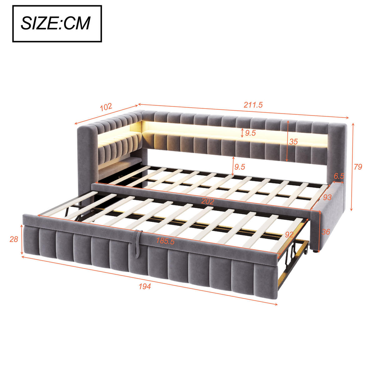 ČALOUNĚNÁ rozkládací postel 90/200 cm s LED osvětlením, USB a výsuvným lůžkem, Šedá - šedá, textil (90/200cm) - Redom