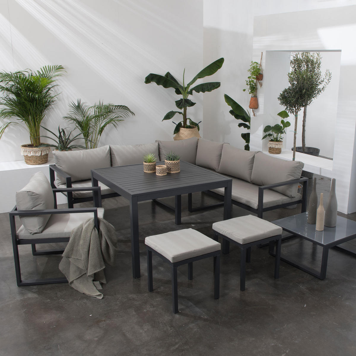 GARTENSALON Ibiza Grau und Anthrazit 7 Plätze - Anthrazit, Metall - Happy Garden