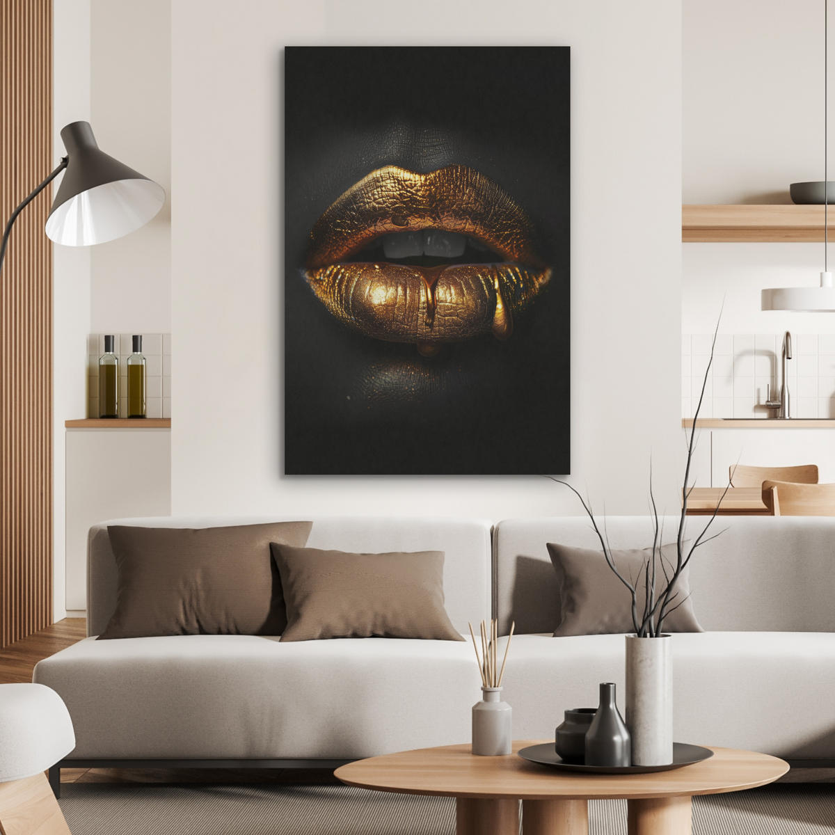 AKUSTIKPANEEL Frau - Porträt - Lippen - Gold - Schwarz 70x100 cm - Schwarz, Textil (70/0.9/100cm) - MuchoWow