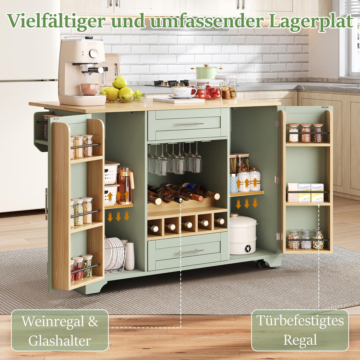 KÜCHENINSEL auf Rollen 138/45(70)/92 cm Antikgrün mit Klappplatte, Weinregal, Glashalter und Gewürzregal - Salbeigrün, Holz/Holzwerkstoff (70/92/138cm) - Oxeza