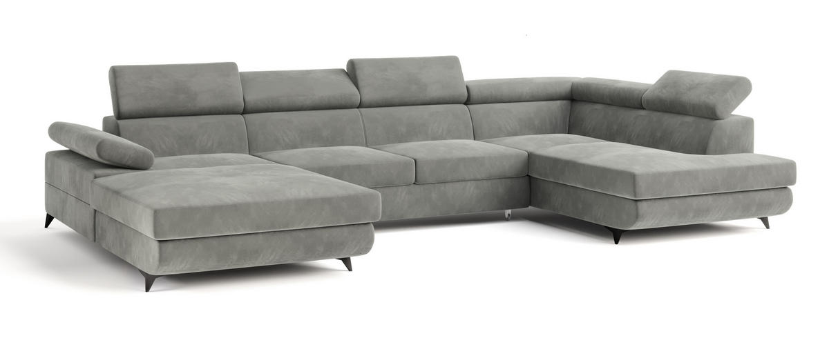 WOHNLANDSCHAFT RUBANO R-S Hellgrau Velours-Stoff mit Schlaffunktion - Hellgrau, Holz (339/89/190cm) - MASSENO