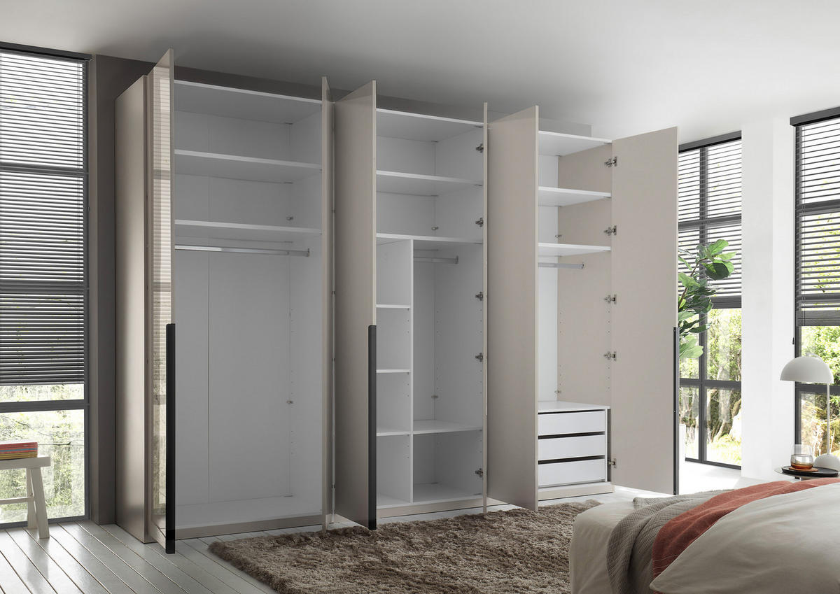 KLEIDERSCHRANK Luxus in Kashmir 302 x 225 x 58 cm (BxHxT), Hochglanz, 6 Türen – Drehtürenschrank mit Hoteleinteilung und Schubkästen - Beige, Holzwerkstoff (302/225/58cm)