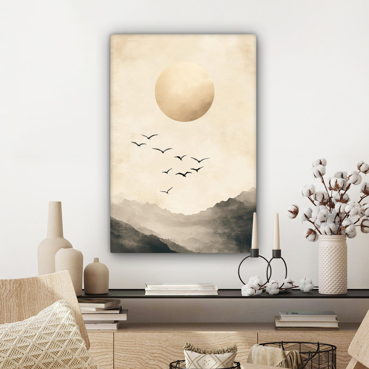 LEINWANDBILD Landschaft - Japandi - Vogel Wanddeko 40x60 cm - Beige, Textil (40/60cm) - MuchoWow