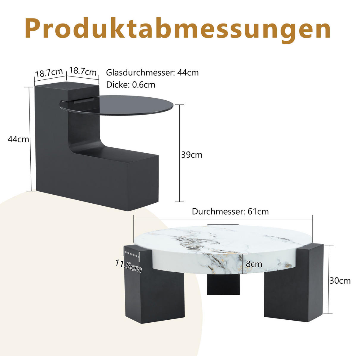 BEISTELLTISCH-SET aus MDF und Glas 61x61x30/44x44x44 cm Weiß/Schwarz zerlegbar mit Marmor-Optik und 2 Ebenen - Schwarz, Holzwerkstoff (61/61/30cm) - Modfu