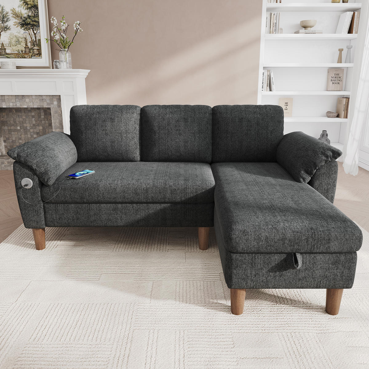 ECKSOFA mit Stauraum, USB-C, Type-C, Chenille Bezug, flexibler Chaiselongue und Seitenmontage in Grau - Grau, Textil (181/125cm) - EVRYAE