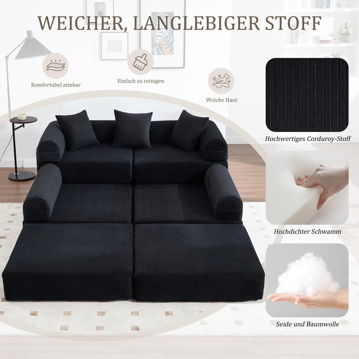 ECKSCHLAFSOFA 270/180/64 cm Schwarz mit Integrierte Seitentaschen - Schwarz, Textil (270/180cm) - Oxeza